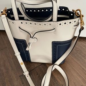 Small Tory Burch Navy and Off White Bucket Bag.